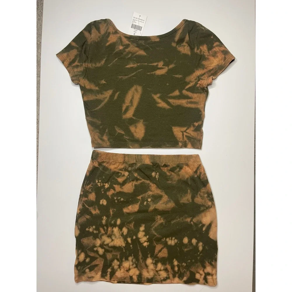 Fashion Nova Tie Dye Thug Life 2 Piece Set Crop Top Mini Skirt Olive Green S